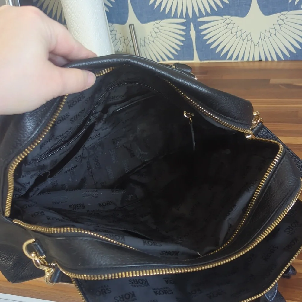 Michael Kors black and gold leather two zipper compartment satchel large…